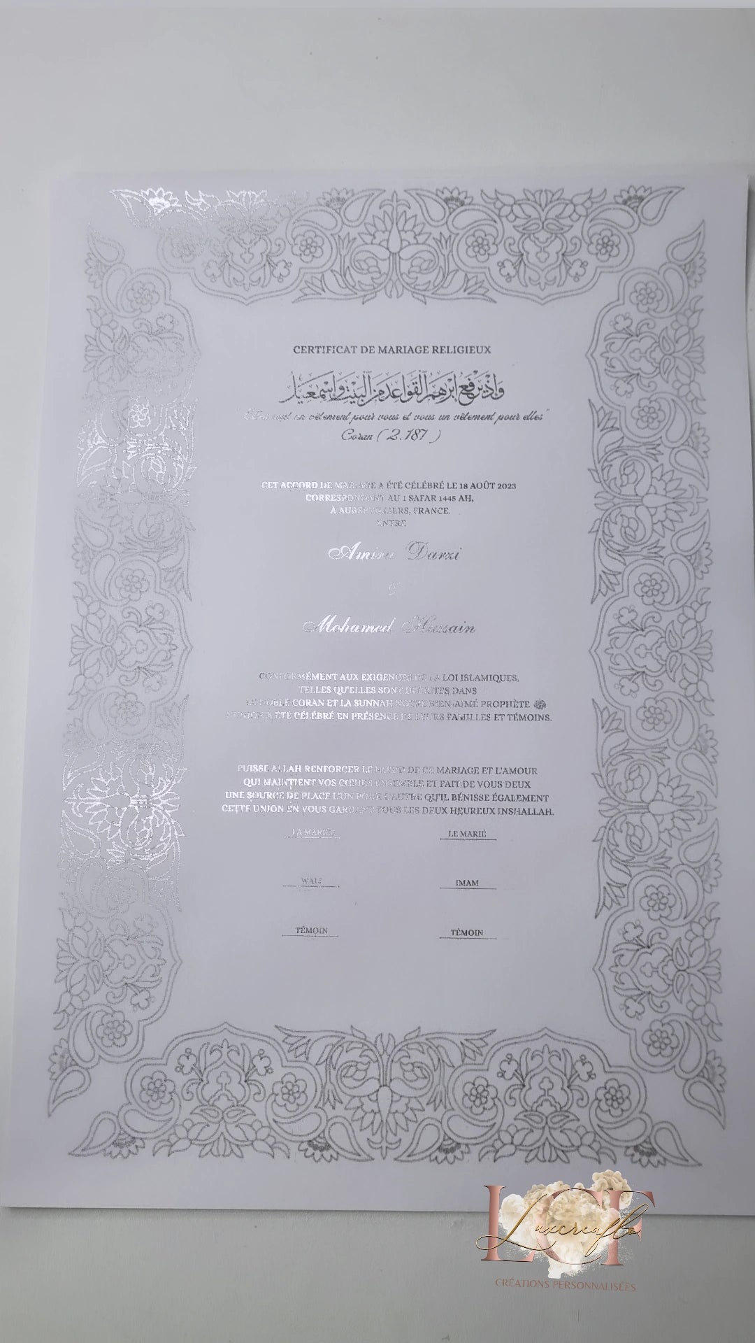 modèle de certificat de mariage islamique